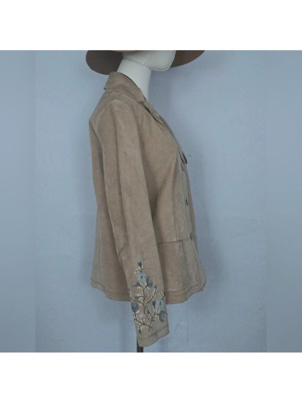 Tan Suede Floral Embroiderd Cuff Blazer Jacket Size M - Picture 3 of 15